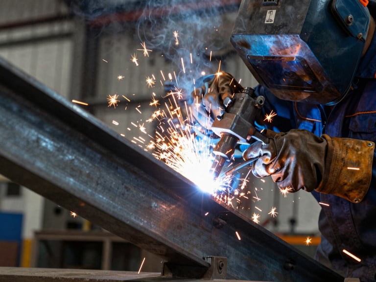 Engineer performing precision arc welding on a heavy steel beam on site, sparks flying, high-contrast industrial lighting, 35mm