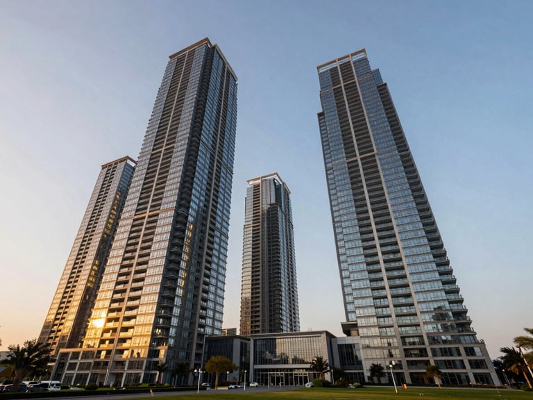Wide-angle architectural photography of luxury high-rise glass towers on Golf Course Road during golden hour, reflecting warm sunlight.
