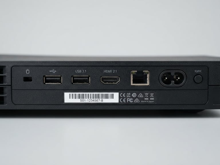 Crisp product photography of console ports and serial number label under bright diffused studio light, neutral light-grey background, sharp focus.