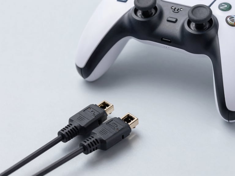 Close-up of a technician testing a gaming controller port with clean diagnostic cables, bright diffused studio light, neutral background, sharp focus on ports