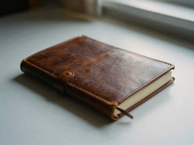 Close-up of a well-worn leather-bound journal on a minimalist desk, soft natural light, deep shadows, 35mm film grain, muted earth tones