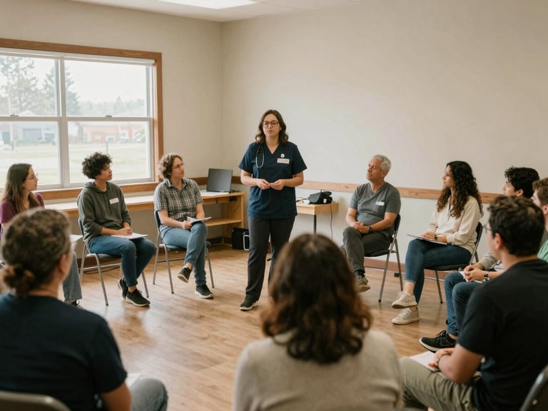 Healthcare professional leading a small group workshop in a community center, warm indoor lighting, diverse participants engaged, medium shot.