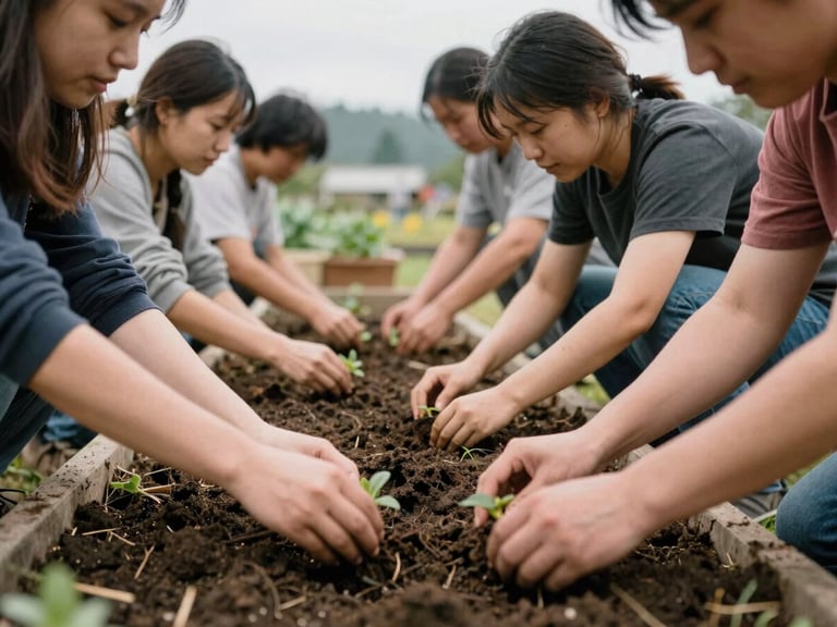 Hands planting seedlings in a community garden, diverse volunteers working together, soft Pacific Northwest daylight, candid moment.