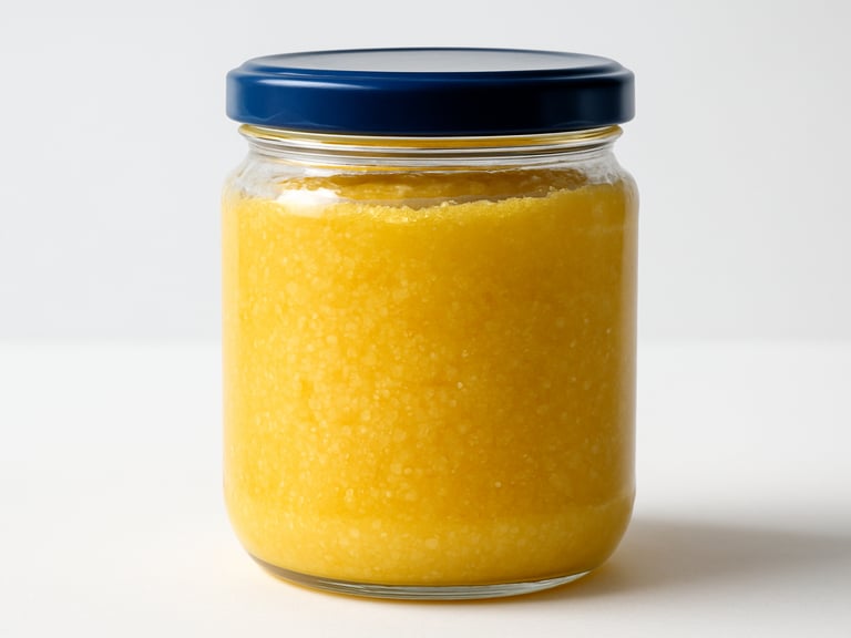 Bright high-key studio shot of premium farm ghee in a glass jar, golden granular texture, white clean background, sharp focus, 35mm
