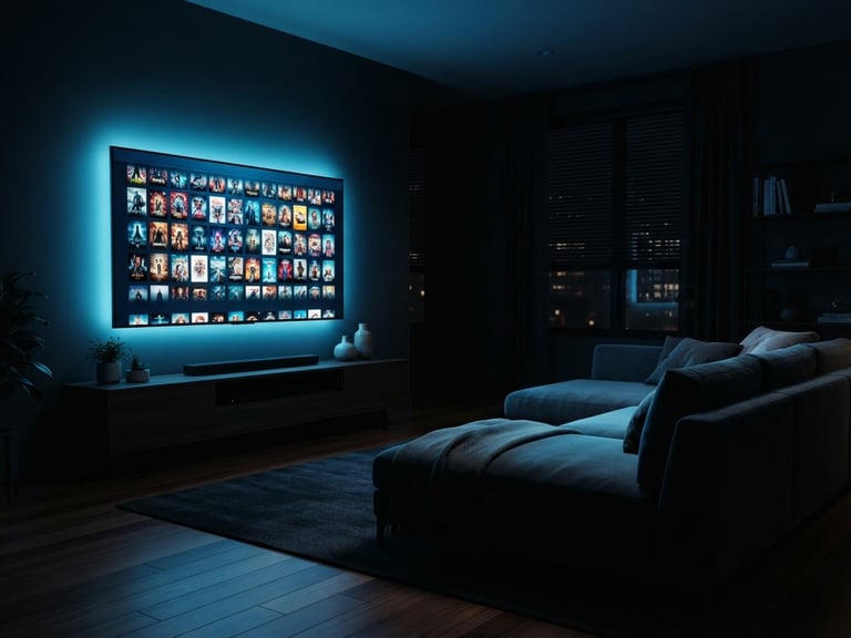 Cinematic wide shot of a modern, dimly lit living room, a sleek smart TV displaying a vibrant movie catalog, soft electric neon blue glow illuminating the space, deep shadows, shallow depth of field.