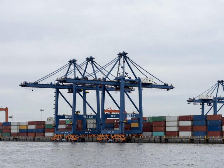 Wide-angle architectural view of a modern deep-water container terminal with massive blue gantry cranes under a cool overcast sky, desaturated navy tones, crisp industrial photography.