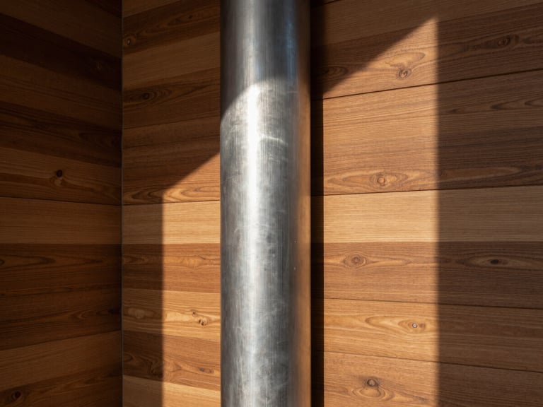 Detailed architectural photograph of Soya Miami custom wood paneling meeting a polished steel column, architectural lighting casting sharp lines across the textures.