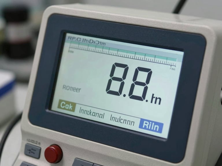 Macro detail shot of a digital water analyzer screen displaying precise metric readings, clean industrial utility lighting, high contrast