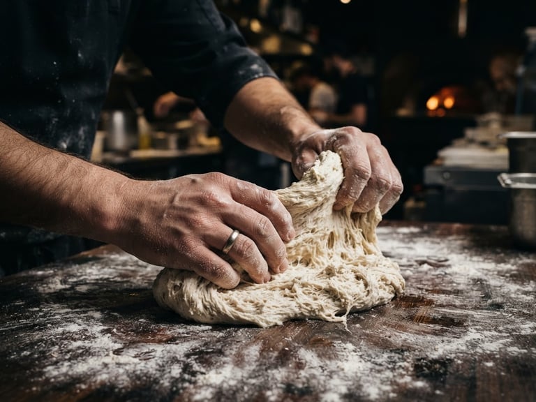 Macro close-up of hands preparing fresh dough in a busy pizzeria kitchen, sharp focus, high-contrast studio lighting, deep obsidian tones, 35mm