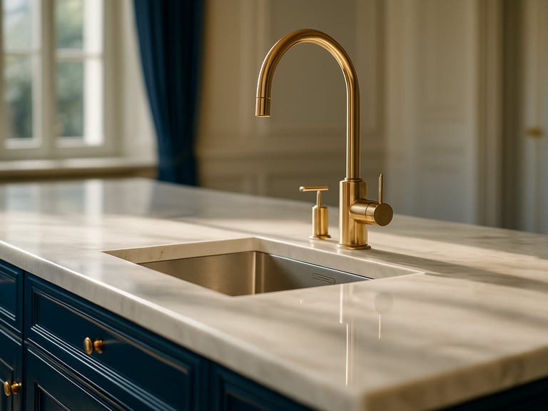 Elegant close-up of clean details, soft sunlight reflecting off a polished marble kitchen island with gold fixtures, high-end Salzburg villa interior, 35mm photography