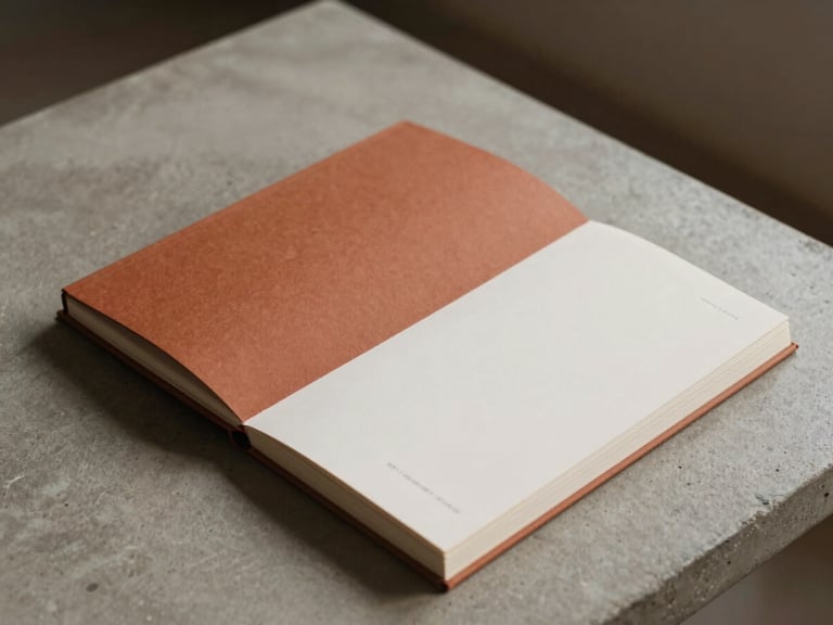 Minimalist architectural portfolio book open on a concrete table, sharp shadows, warm side lighting, 35mm