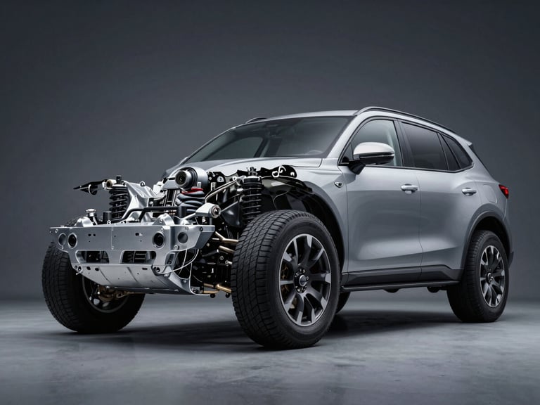 Dynamic low-angle shot of a modern hybrid SUV chassis and suspension system, dramatic high-contrast studio lighting highlighting metallic components