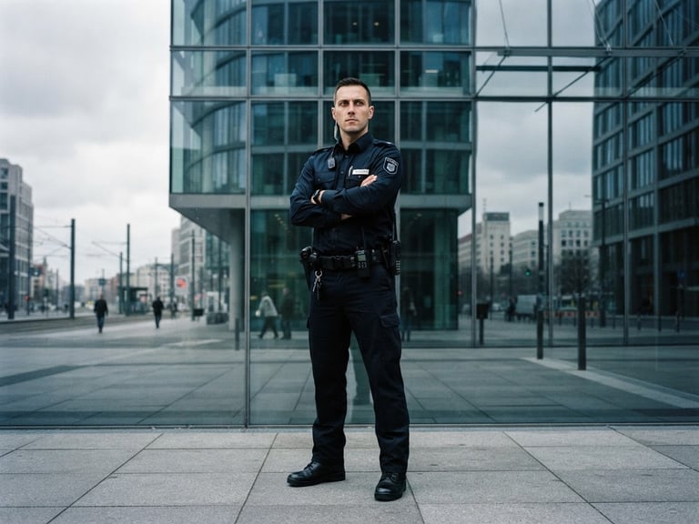 Dramatic corporate photography of an alert professional security officer in a clean dark uniform standing in front of a modern glass building in Berlin, overcast daylight, sharp focus, 35mm