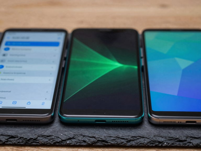 Extreme close-up macro shot of three flagship Android devices lying side-by-side on a dark slate workbench, vibrant green and teal edge-glows reflecting off the glass screens, displaying fluid native charts.