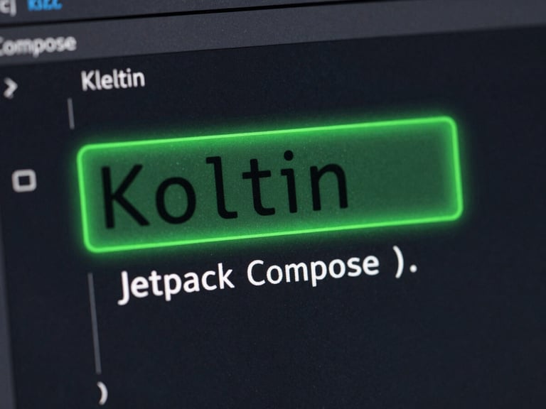 Macro close-up of clean Kotlin code displaying a Jetpack Compose UI function on a dark IDE screen, illuminated by a vibrant green edge glow, crisp monospaced typography