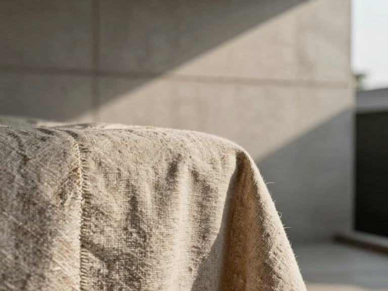 Macro detail of hand-woven linen catching late afternoon light next to a clean architectural concrete wall, soft shadows, warm tones.