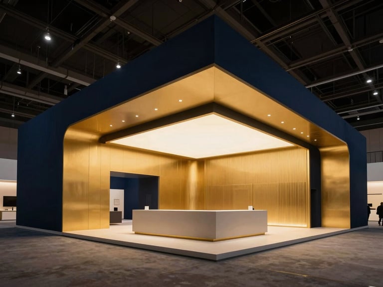 Wide-angle shot of a modern, high-tech exhibition hall in Riyadh, with warm gold lighting on a large, custom-designed booth, showing scale and architectural detail, dramatic interior lighting, deep navy and warm gold tones, sharp focus, Hasselblad 50mm