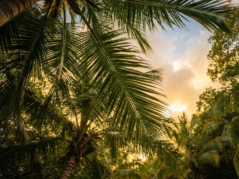 Low-angle shot of mature palm fronds swaying against a golden-hour Jamaican sky, warm tropical sunlight filtering through deep green leaves.