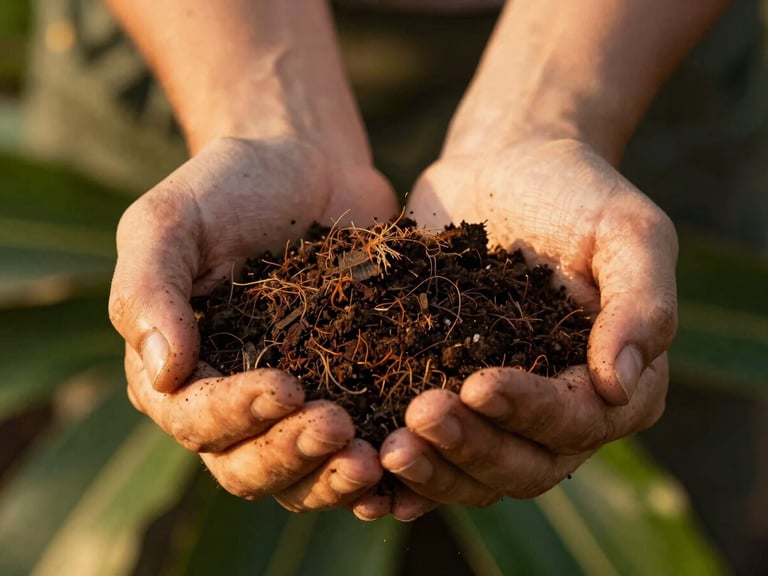 Close-up of rich, dark organic compost being held in cupped hands, visible soil texture and coconut coir fibers, warm golden-hour light.