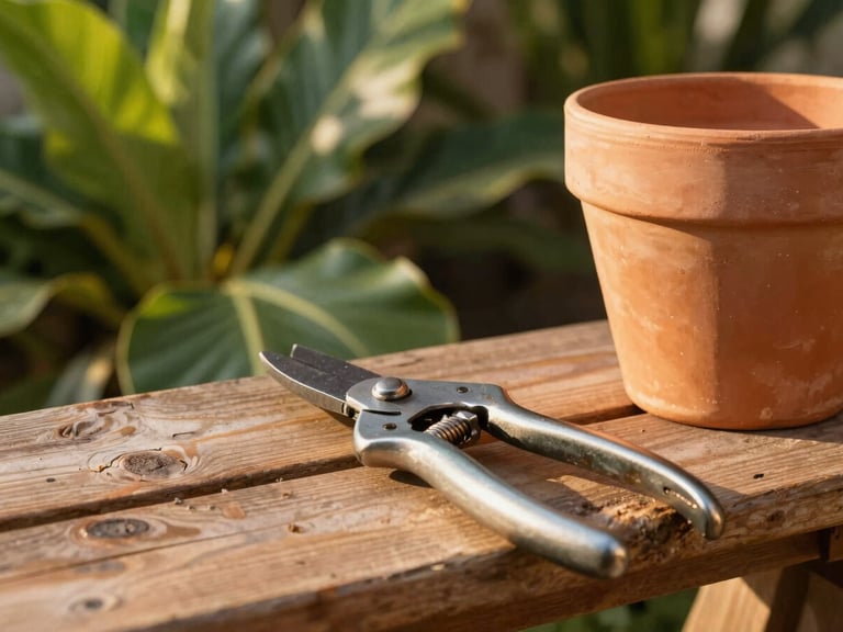 A pair of high-quality steel pruning shears resting on a rustic wooden potting bench next to a terracotta pot.