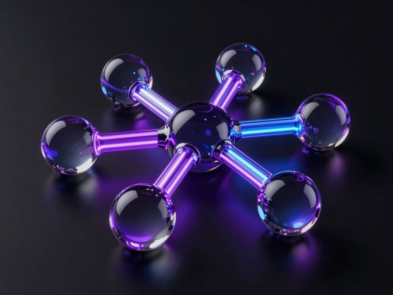 A premium dark-mode 3D render of interconnected glassmorphic nodes with glowing purple and blue neon light trails against an obsidian background, ultra-polished tech aesthetic.
