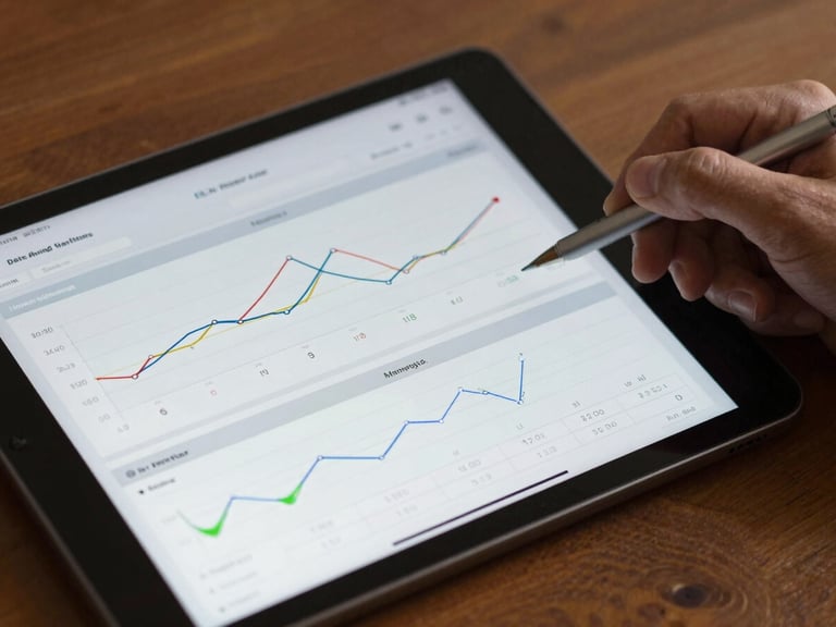 A close-up of a modern tablet displaying clear health charts, metabolic timelines, and biometric data visualizations in warm daylight.