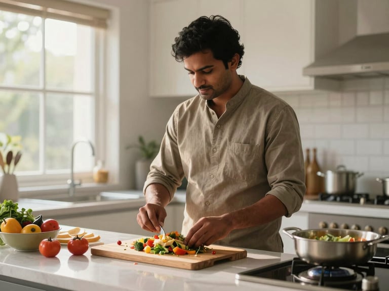 An Indian professional preparing a nutritious meal in a clean, modern kitchen with soft morning light filtering through the window.