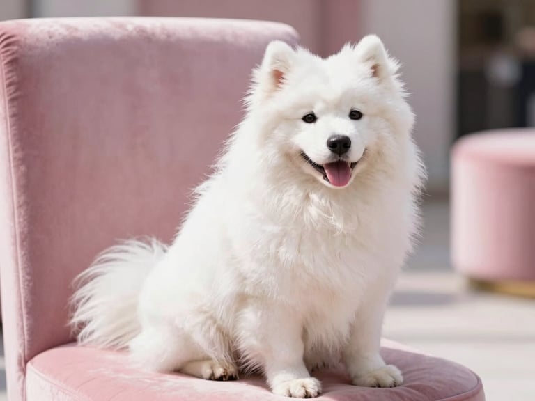 A beautifully groomed, fluffy white Samoyed sitting happily on a plush pink velvet stool, bright natural daylight, high-end editorial pet photography, shallow depth of field
