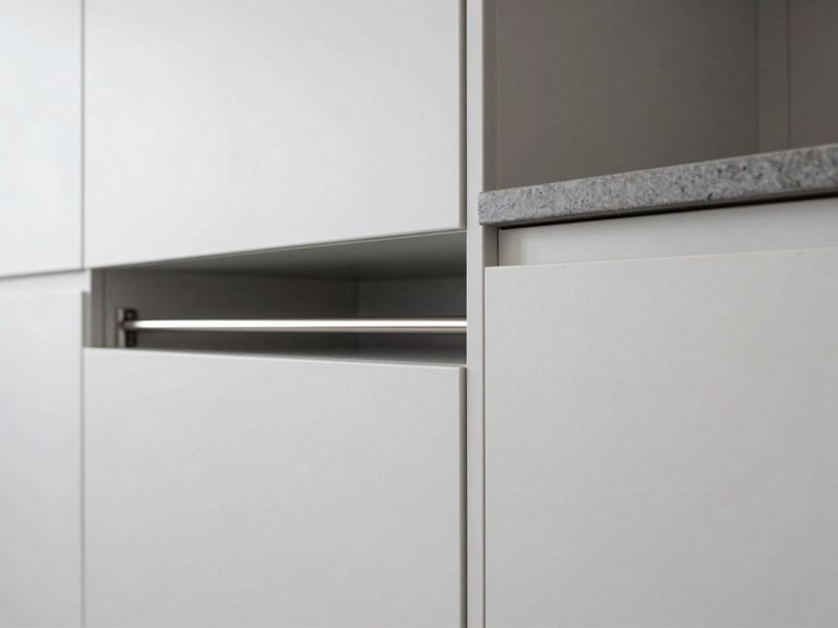 Modern kitchen cabinet installation with sleek hardware and a glimpse of a stainless steel railing, bright and clean, architectural detail.