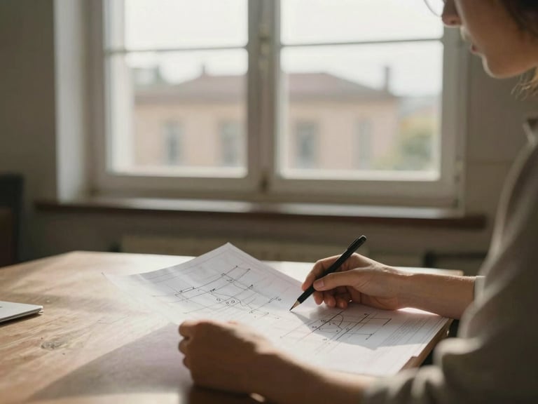 Hands holding a schematic or blueprint on a table, quiet conversation, warm morning light, old architecture in the background, shallow depth of field.