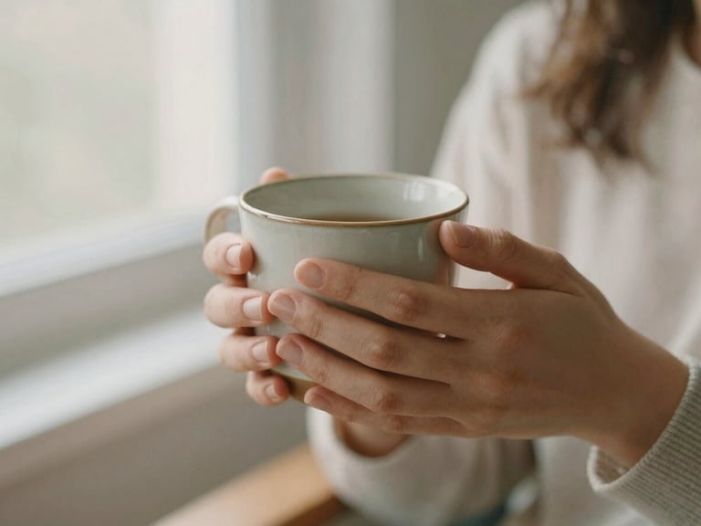 A woman's hands holding a warm ceramic mug, gentle light, a comfortable, peaceful space, shallow depth of field.