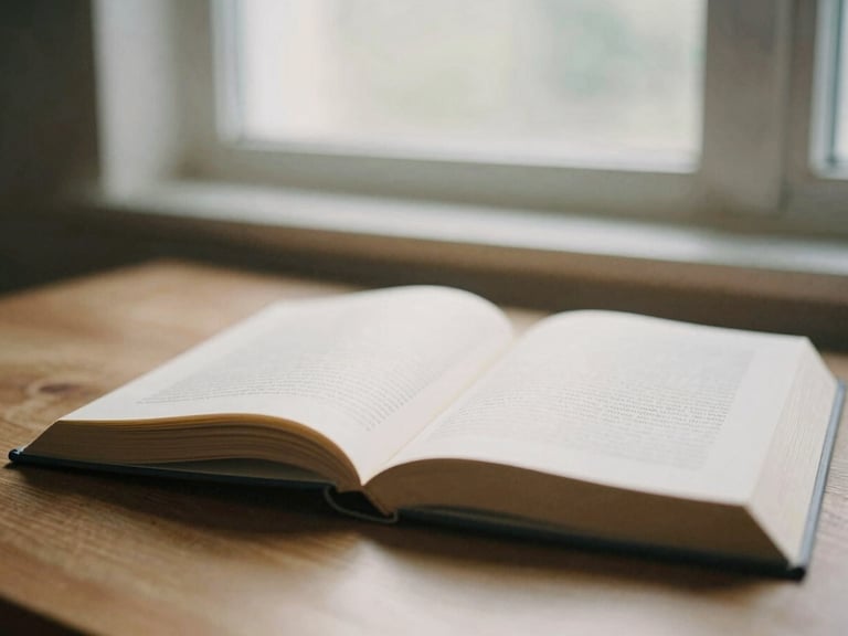 An open academic book on a wooden table, soft morning light, shallow depth of field, 35mm film grain