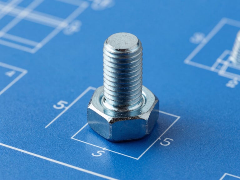 Technical CAD drawing of a custom hex flange bolt with precise dimension lines, blue blueprint background, crisp white lines