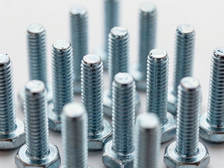Macro shot of high-tensile steel bolts arranged in a perfect geometric grid, cold studio lighting, sharp metallic highlights
