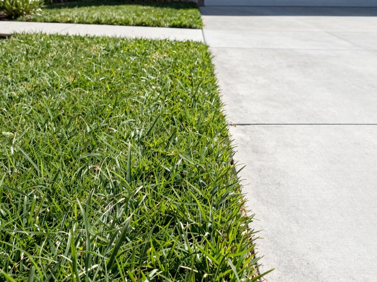 Straight-on low-angle shot of a perfectly manicured grass edge meeting a clean concrete driveway, crisp morning daylight with sharp shadows, 50mm lens