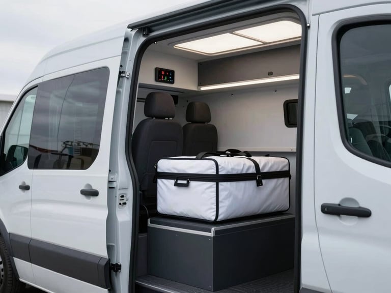 Interior of a climate-controlled sprinter van, showing temperature readout and secure medical cargo, clean industrial lighting.