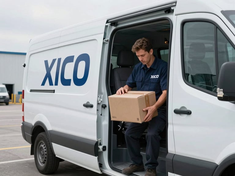 Professional XICO LLC driver in uniform, meticulously scanning a package inside a branded sprinter van at a loading dock, overcast daylight.