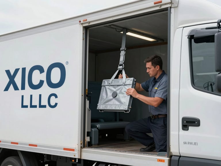 Close-up of a secure cargo tie-down in a branded XICO LLC box truck, with a professional driver in uniform checking the seal, clean warehouse lighting.