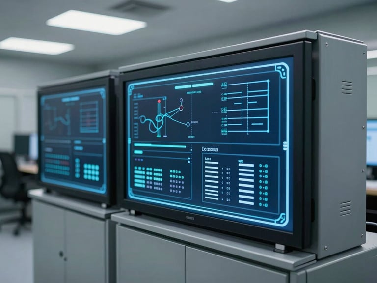 A high-tech logistics control room with glowing digital tracking interfaces, cool-toned industrial lighting, crisp focus, 35mm