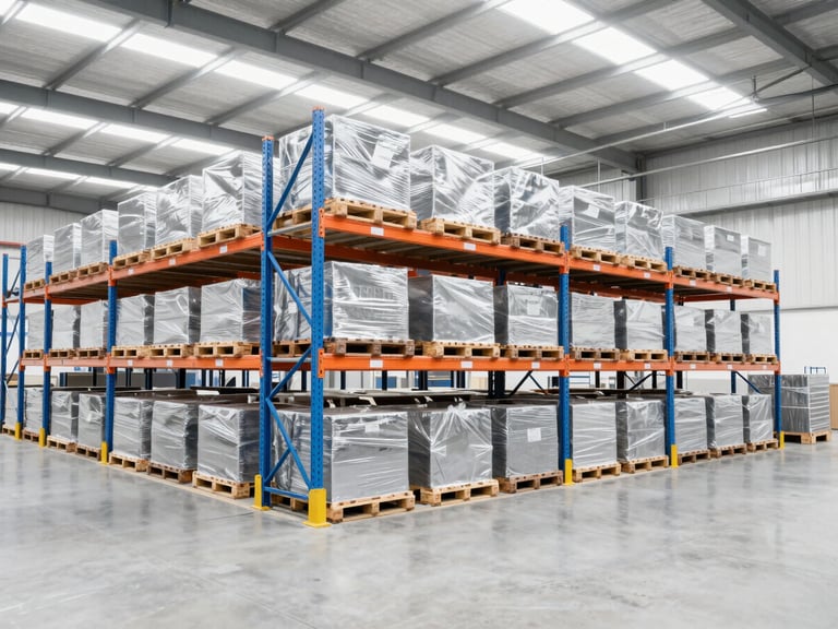 Bright industrial photography of a modern warehouse interior with organized pallet racking under clean high-key lighting, 35mm lens.
