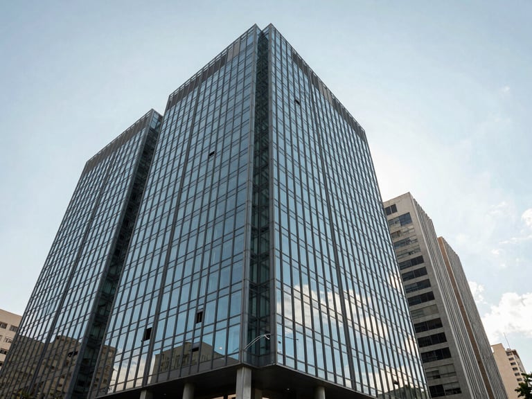 Wide angle shot of modern glass business architecture in Belo Horizonte, bright natural daylight, clean sky, structured lines.