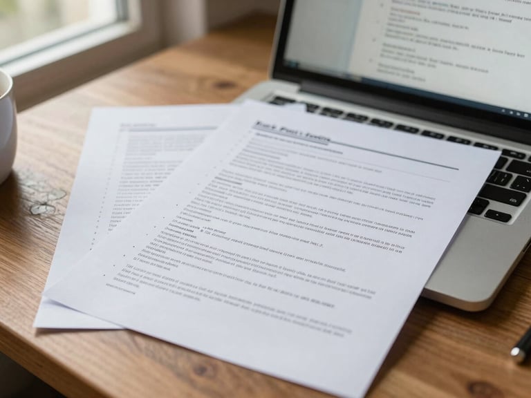 Close-up of a printed design document spread on a wooden desk beside an open laptop showing a pull-request review thread, natural north-facing daylight from a window to the left, annotated margins visible on the printed pages, a coffee cup partially in frame at the edge