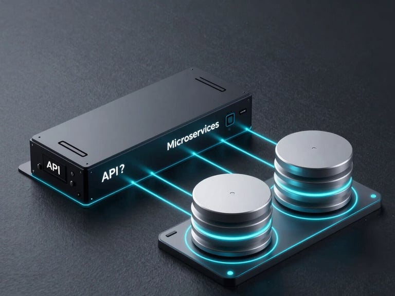 Clean, high-tech system architecture diagram showing API gateway, microservices, and database layers, stylized with glowing cyan lines on a dark slate background