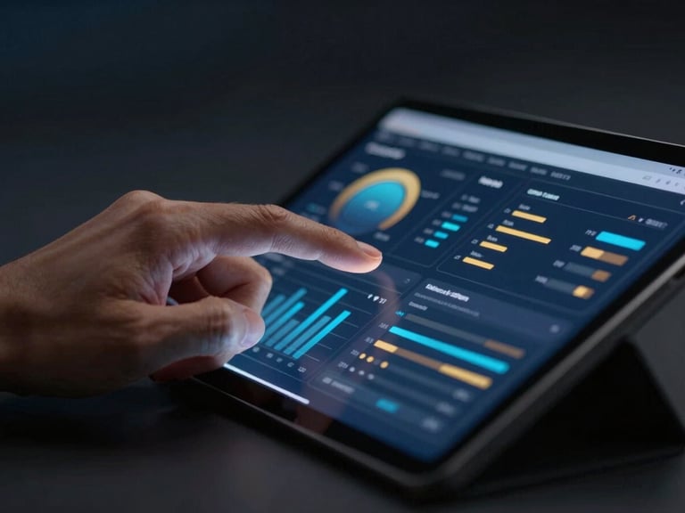 Close-up of a hand interacting with a tablet displaying analytics software, data visualizations, dark moody studio lighting, cerulean blue and gold tones, sharp focus, 35mm lens
