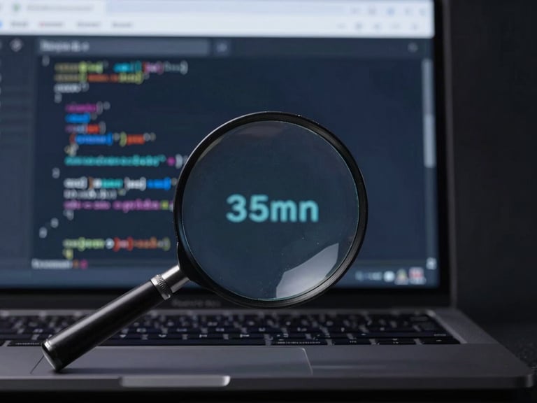 Magnifying glass over a search results page on a laptop, showing clean code snippets, dark moody studio lighting, cerulean blue accents, sharp focus, 35mm lens