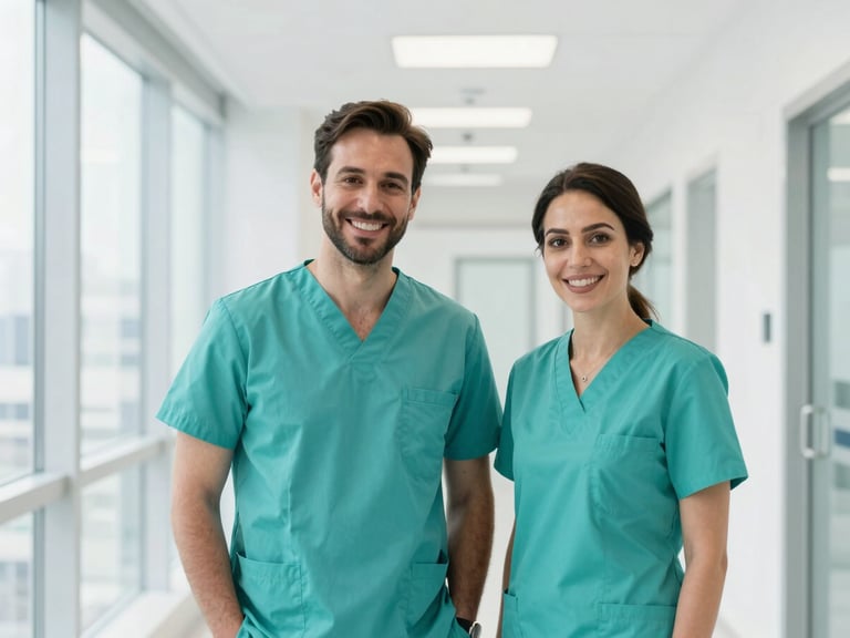 Two professional dental specialists, a man and a woman in teal clinical attire, smiling warmly in a bright, modern Dubai clinic corridor, 35mm editorial photography