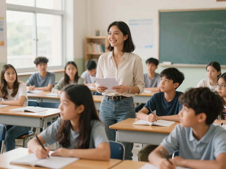 A teacher confidently leading a lesson in a well-equipped international school classroom, diverse students, natural daylight, warm optimistic tones, shallow depth of field, 35mm.