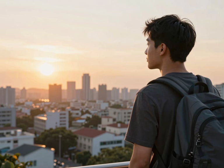A young graduate with a backpack, looking out over a vibrant cityscape at sunset, sense of adventure and possibility, warm golden light.
