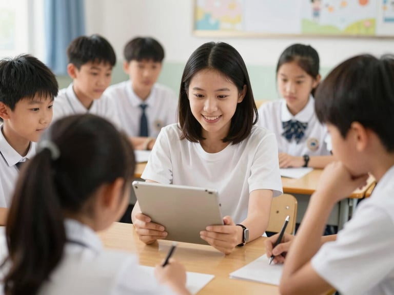 A person in a classroom setting, looking at a tablet while interacting with a small group of students, natural daylight, warm optimistic tones, shallow depth of field, 35mm.