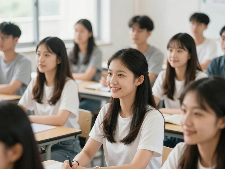 A small group of adult students practicing teaching in a bright, modern classroom, natural daylight, engaged faces, warm optimistic tones, shallow depth of field, 35mm.